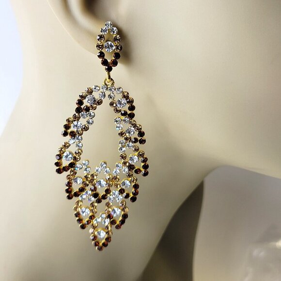 Amber and Crystal Rhinestone Chandelier Earrings - Picture 2 of 6